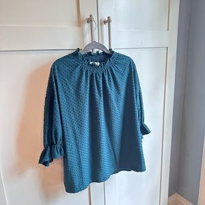 Madewell Needle and Thread turquoise Clipdot Ruffle Top size XS.